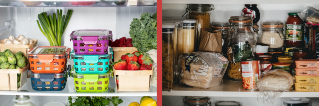 Lebensmittel im Kühlschrank und im Vorratsschrank