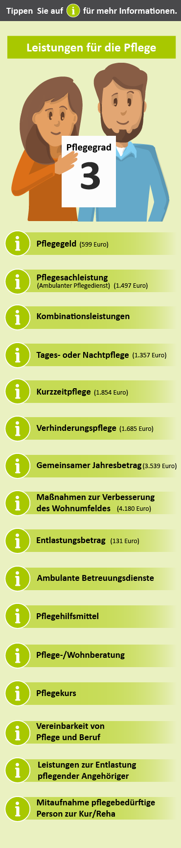 Übersicht der Leistungen für Pflegegrad 3. Dargestellt sind verschiedene Unterstützungsangebote wie Pflegeberatung, finanzielle Zuschüsse und Maßnahmen zur Wohnumfeldverbesserung.