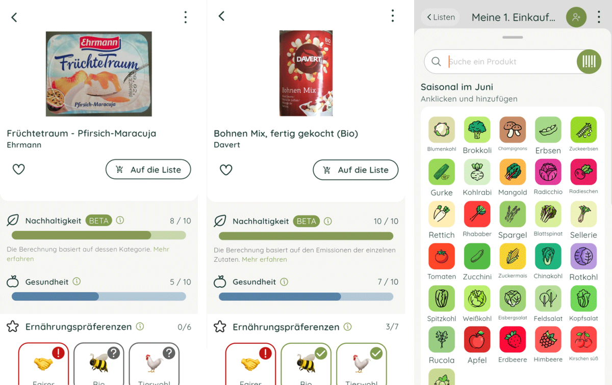 Screenshots von beispielhaften Funktionen der App EcoCheck