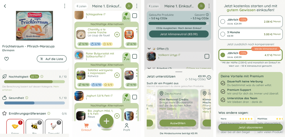 Screenshots of exemplary functions of the EcoCheck app