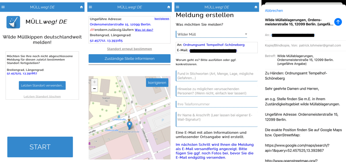 Beispielhafte Screenshots von Funktionen der App MÜLLweg! DE