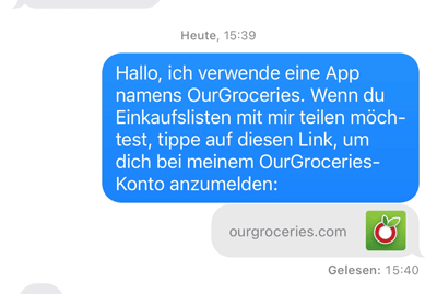 Einladung zum Download der App "OurGroceries" und Teilen einer Einkaufsliste in einem Chatverlauf.