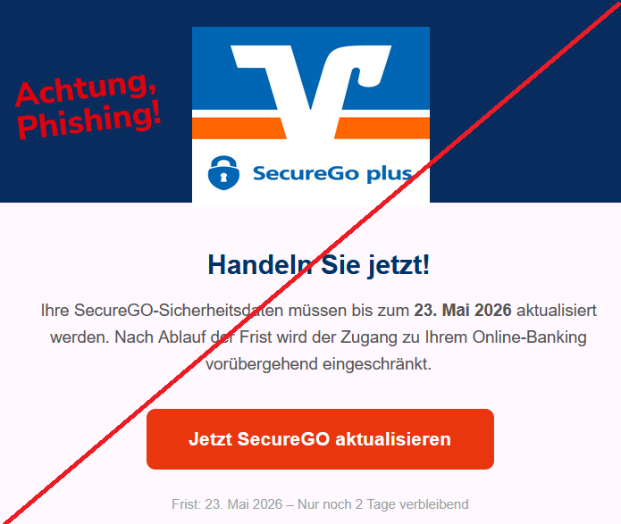 Screenshot einer Phishing-Mail mit Logo der VR-Bank und Text: "Handeln Sie jetzt! Ihre SecureGO-Sicherheitsdaten müssen bis zum 23. Mai 2026 aktualisiert werden. Nach Ablauf der Frist wird der Zugang zu Ihrem Online-Banking vorübergehend eingeschränkt. Jetzt SecureGO aktualisieren Frist: 23. Mai 2026 – Nur noch 2 Tage verbleibend"