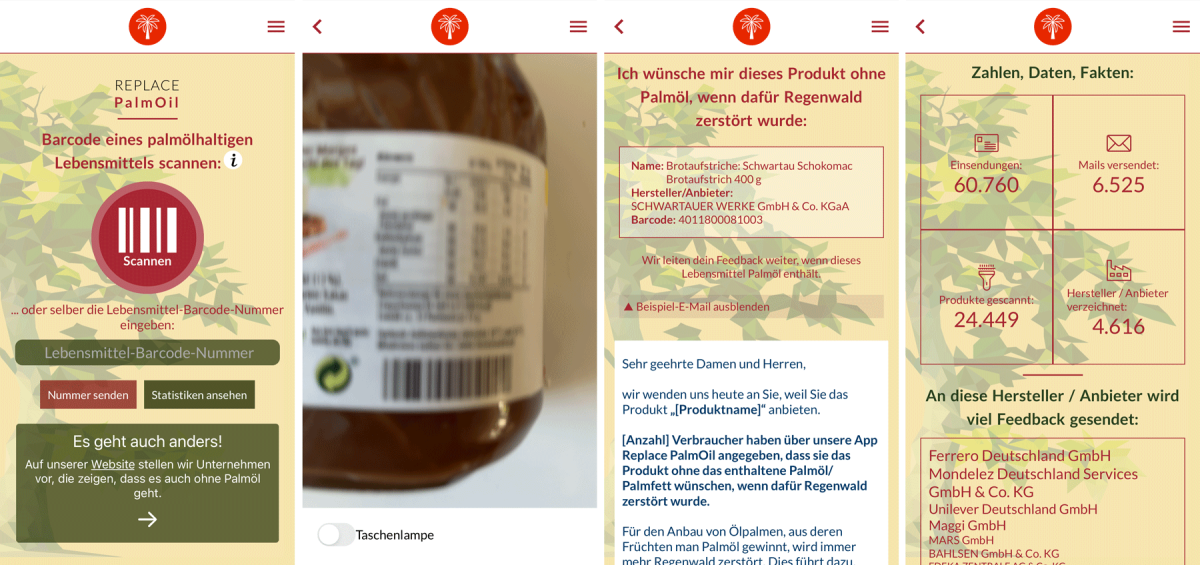 Beispielhafte Screenshots der App Replace PalmOil