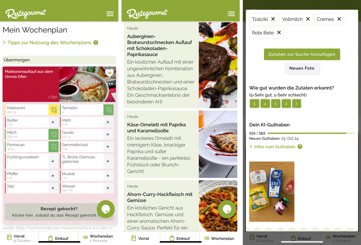 Verschiedene Funktionen der App "Restegourmet" zum ressourcensparenden Kochen