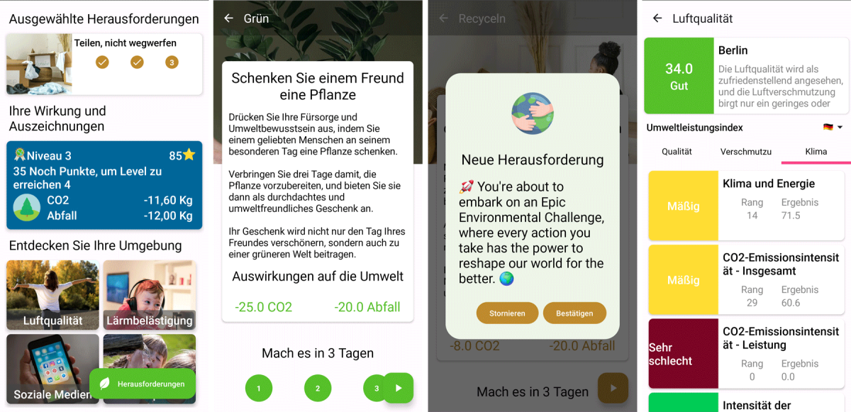 Beispielhafte Screenshots der App UMWELT-HERAUSFORDERUNG (Environment Challenge)