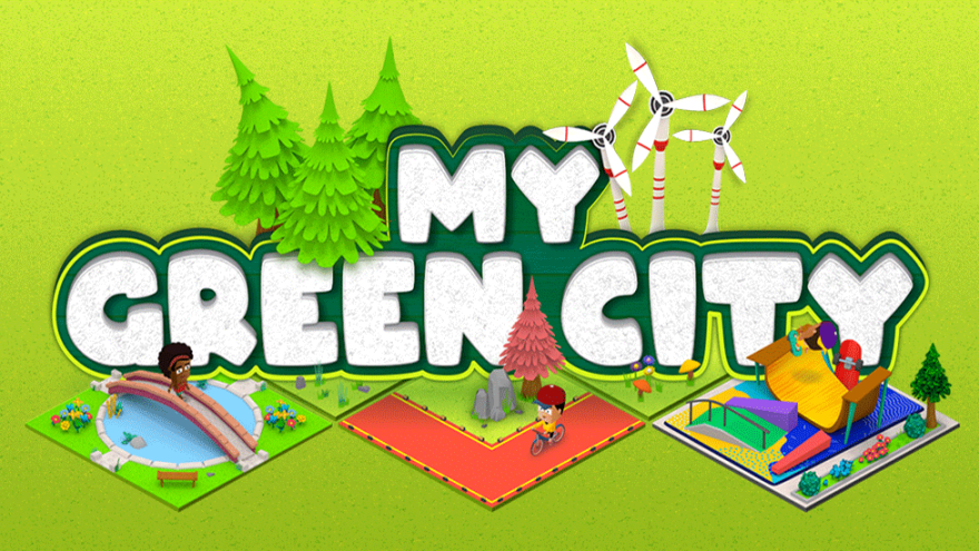 Schriftzug "My Green City" über Illustration einer Landschaft mit Pool, Windrädern, Fahrradweg und Bäumen