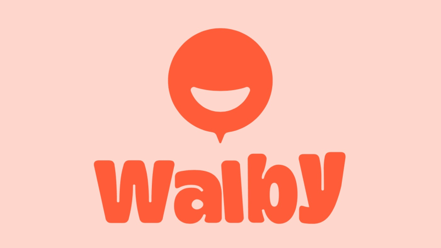 Illustration einer Sprechblase mit lächelndem Mund und Schriftzug "Walby" als Logo der gleichnamigen App
