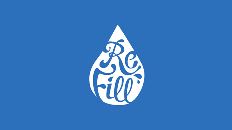 Illustration eines Tropfen Wasser mit Schriftzug "Refill" als Logo der gleichnamigen App